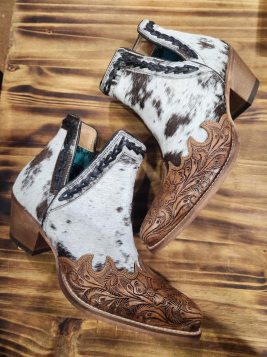 Black and white hide with tooled leather cowgirl boots from ShopSageCreek.com