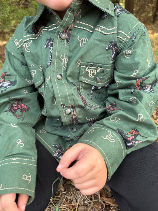 Olive Green Vintage Bronco Longsleeve Snap Up Shirt