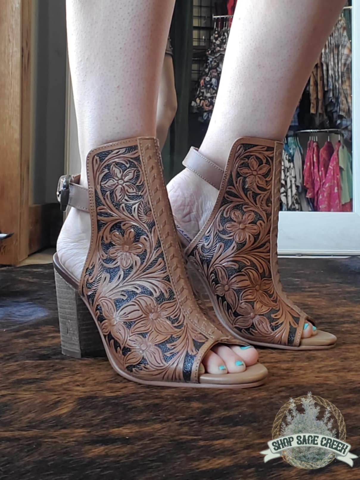 Monika Black and Brown Tooled Leather Heels