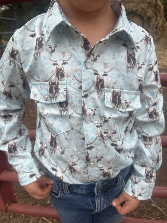 Children’s Longsleeve, Longhorn, Light Blue Pearl Snap Shirt