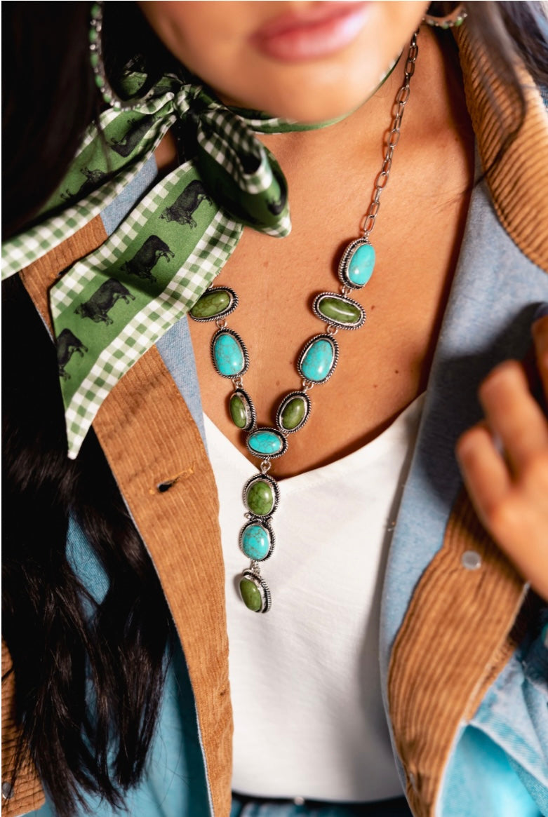 Green and Turquoise Y Necklace