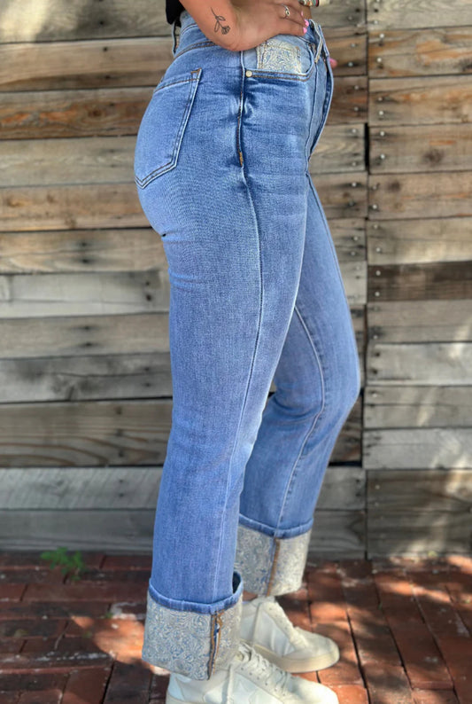 Straight Leg Denim Jeans with Cuff