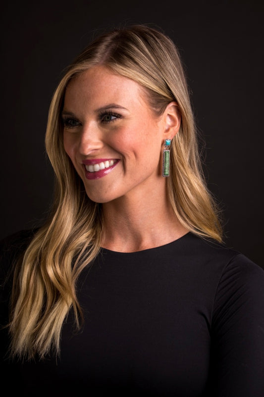 Green Bar Earring On Turquoise Square Post