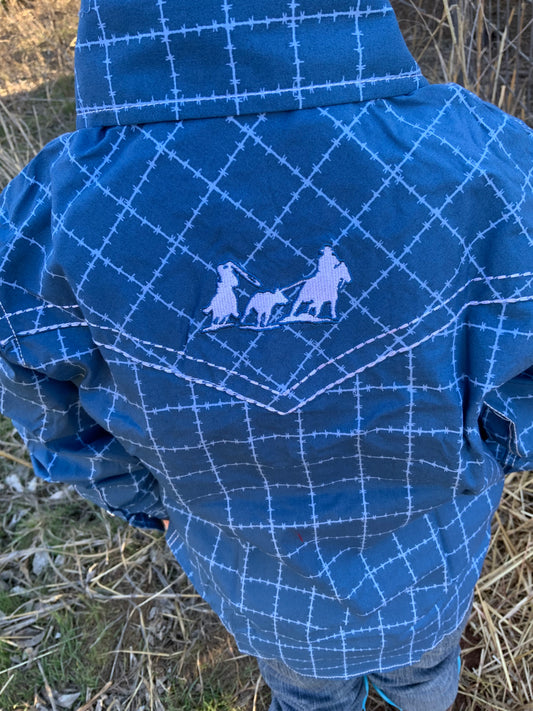 Blue Barbed Wire with Team Ropers Snap Up Shirt