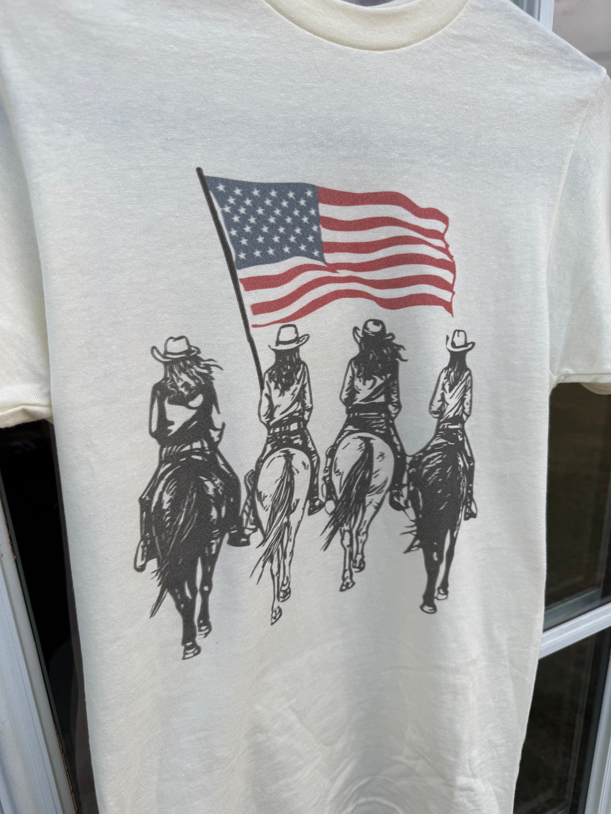 4 Cowgirls Riding With American Flag Tshirt