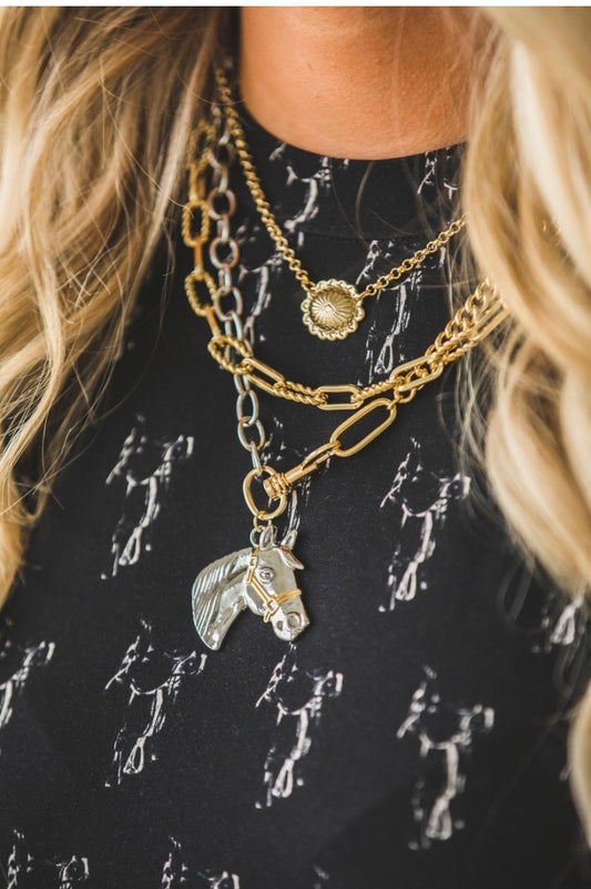18K Two Toned Plated Chain Necklace with Horse Pendant