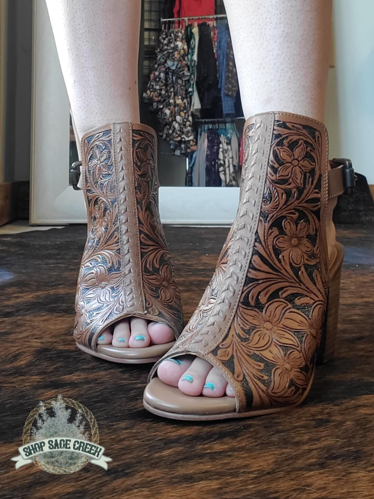 Monika Black and Brown Tooled Leather Heels