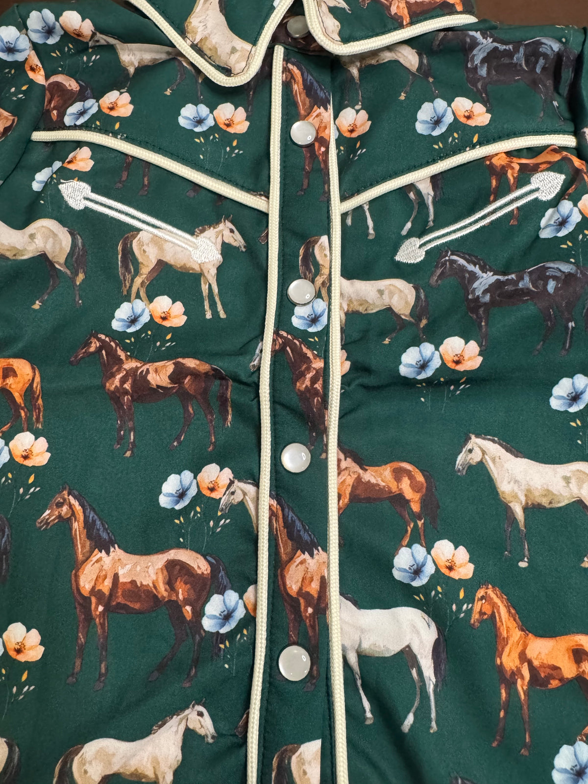 Children’s Green Floral Horse Longsleeve Shirt with Pearl Snaps