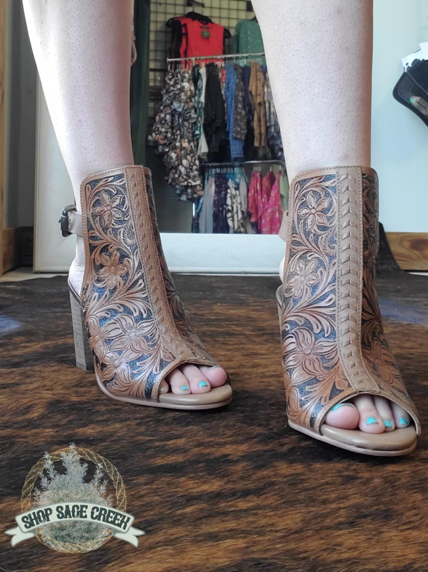 Monika Black and Brown Tooled Leather Heels