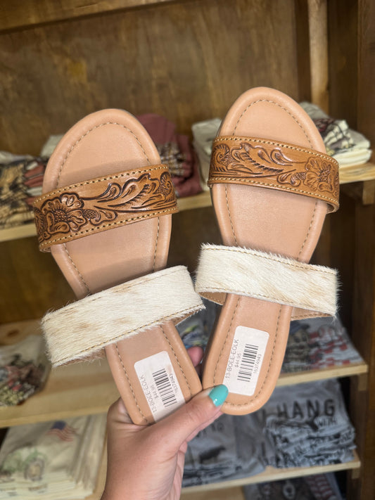 Lena Tooled Leather and Hide Slide Sandals