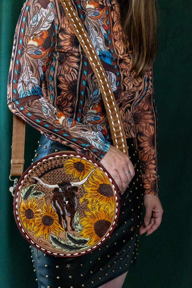 Leather circle purse with longhorn and sunflowers