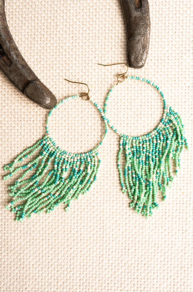 Mint Beaded Fringe Hoops