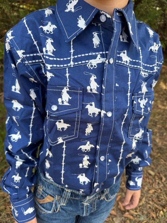 Navy Barbed Wire and Ropers Longsleeve Snap Up Shirt