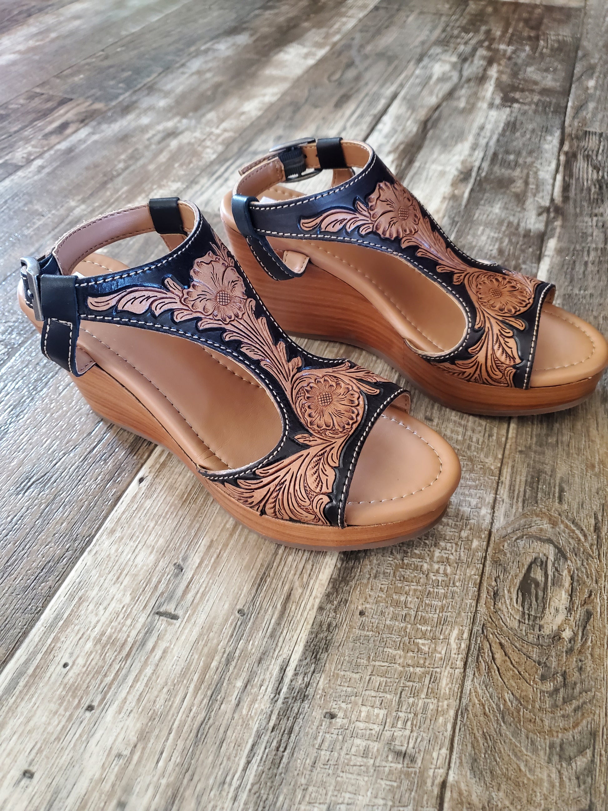 Myra black and brown hand tooled leather wedge heels