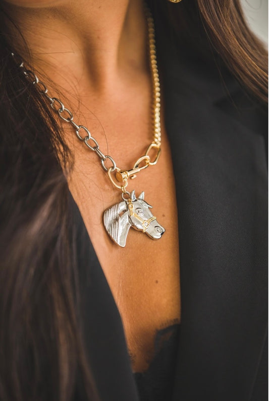 18K Two Toned Plated Chain Necklace with Horse Pendant