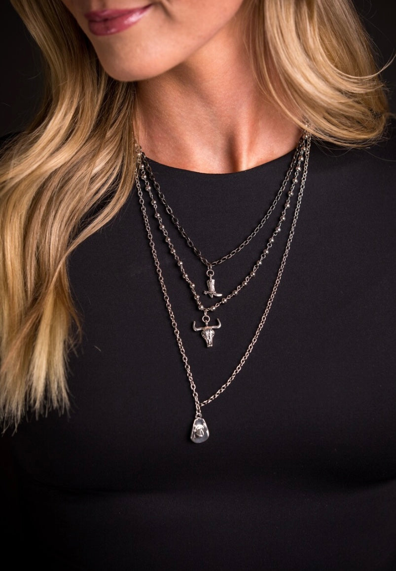 Multi Layer Chain Necklace with Cowboy Boot, Skull and Cowboy Hat Charms