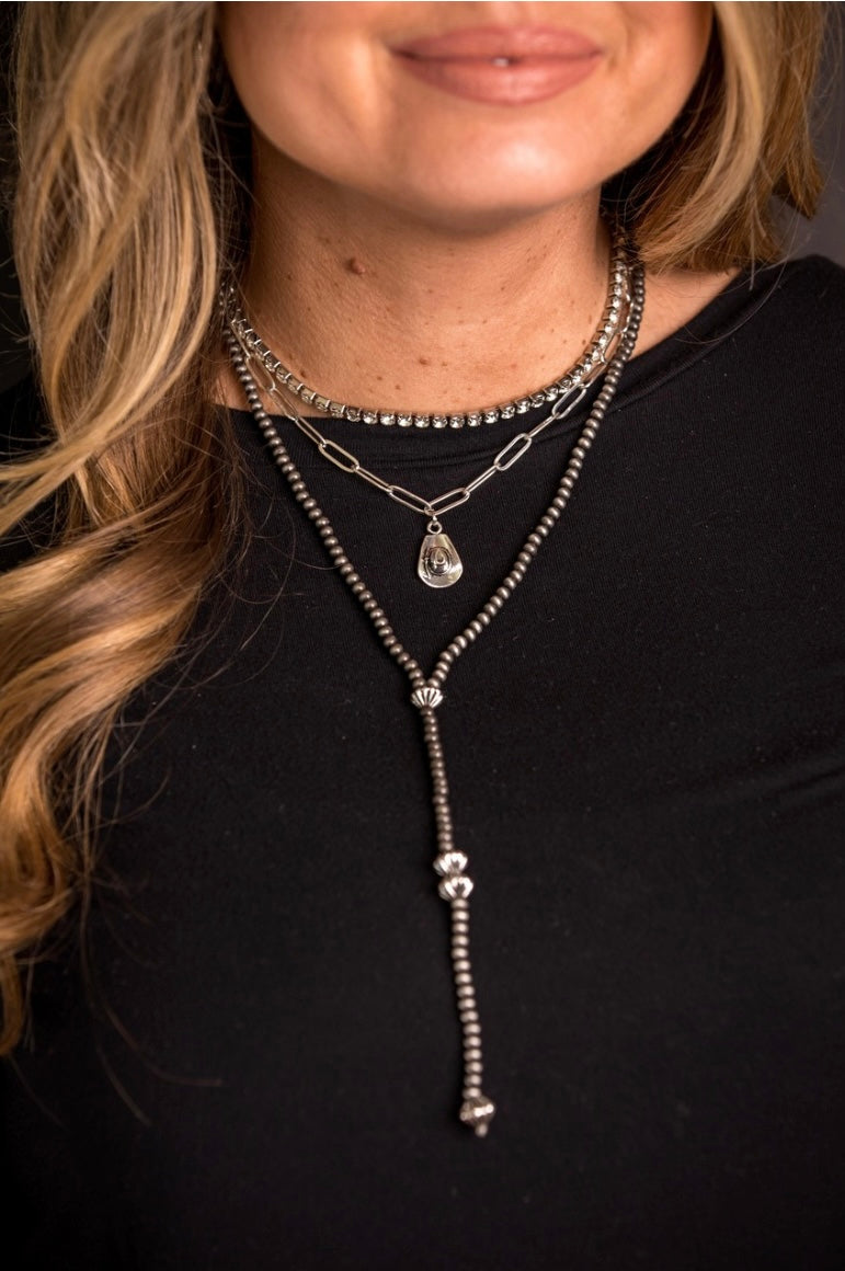 Silver Layered Necklace with Cowboy Hat Pendant and Faux Navajo Pearl Y