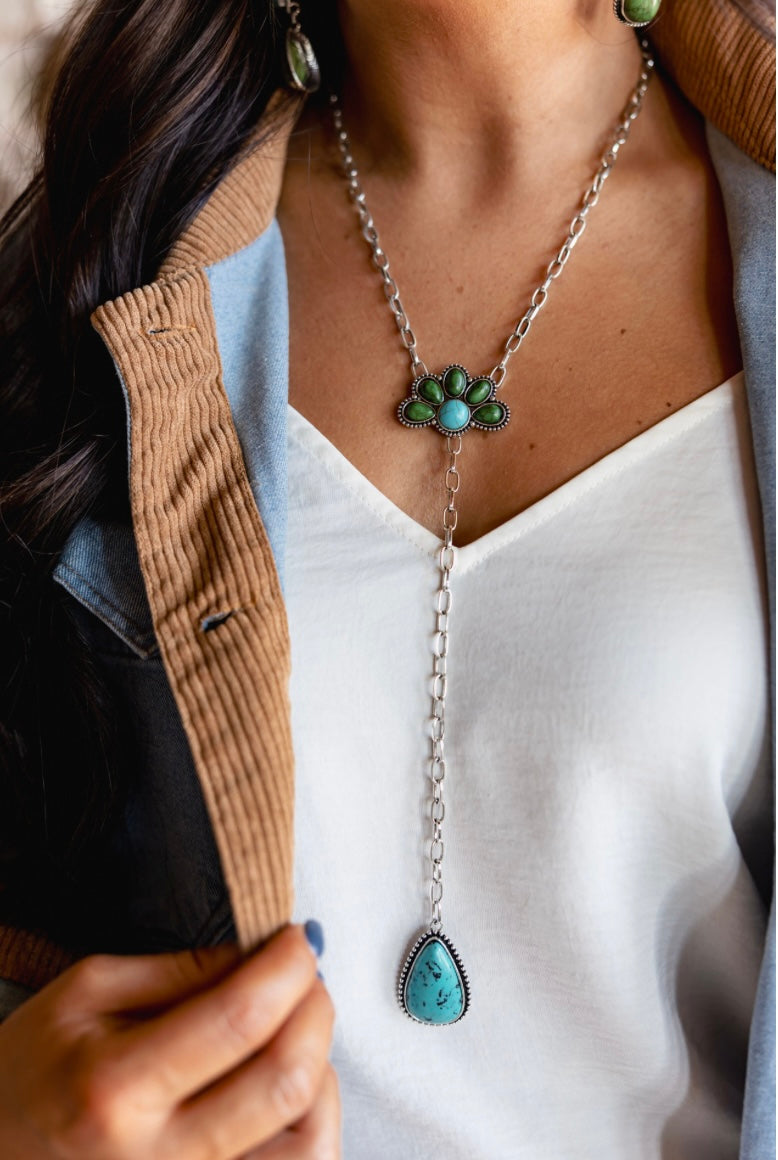 Turquoise Half Flower Chain Y Necklace