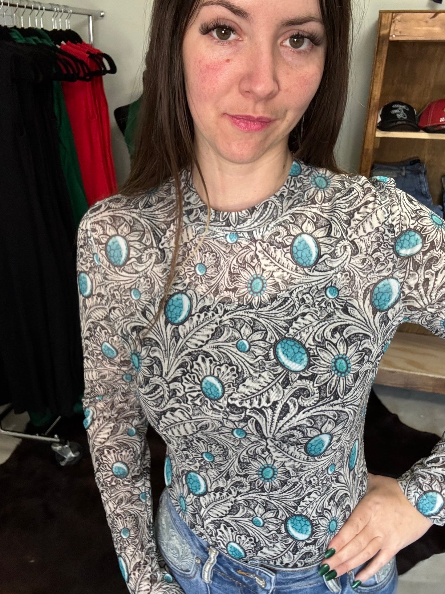 Printed Long Sleeve Mesh Top with Tooled Turquoise Stone