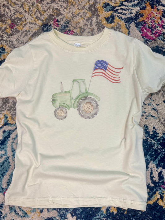 Watercolor Tractor with American Flag Children's Tshirt