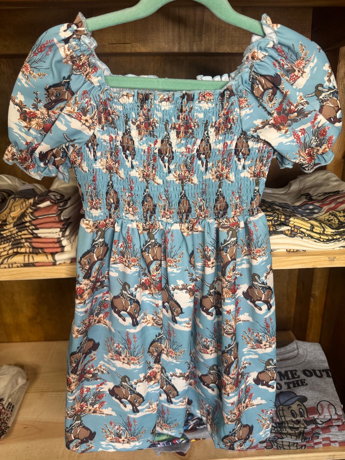 Girls Blue Dress with Bucking Horses and Flowers