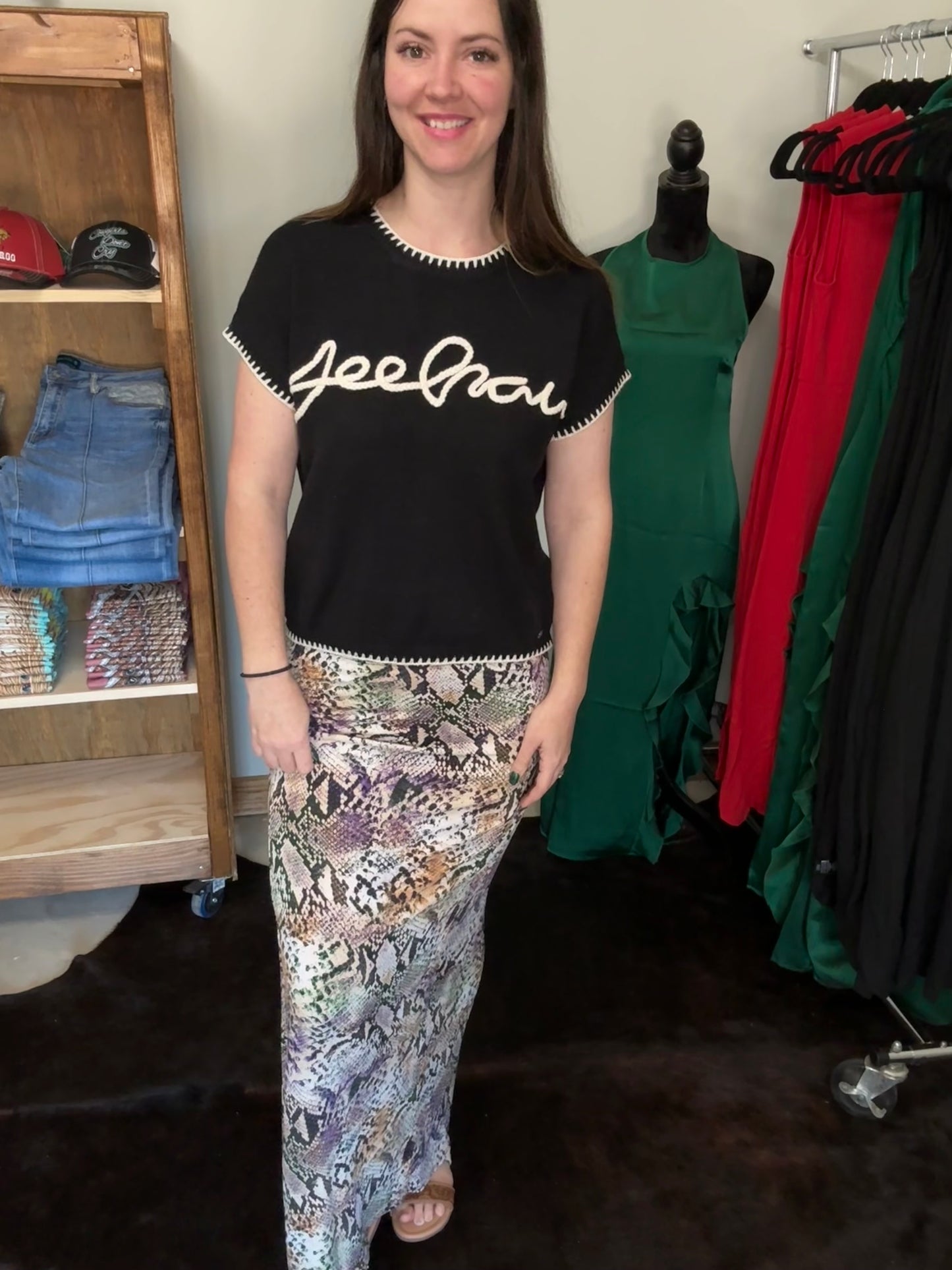 YEEHAW Soft Knit Black Sweater Shirt with White Trim