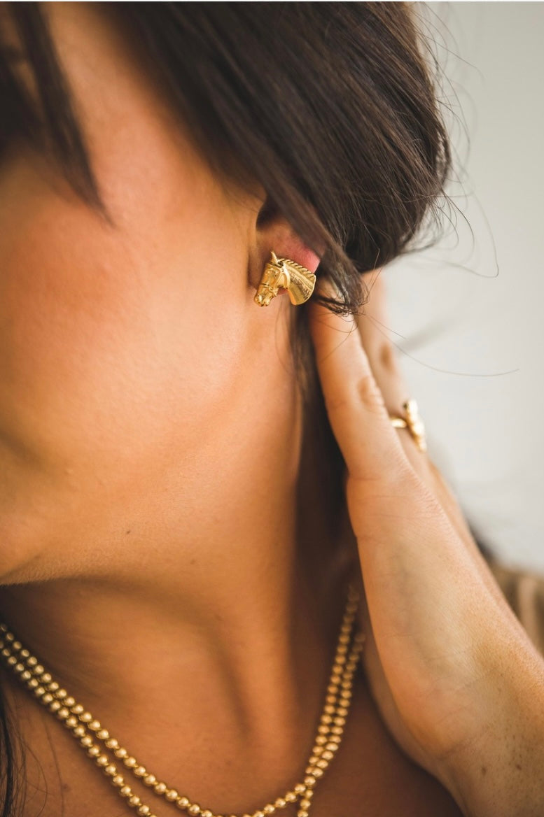 18K Yellow Gold Plated Horse Head Stud Earrings