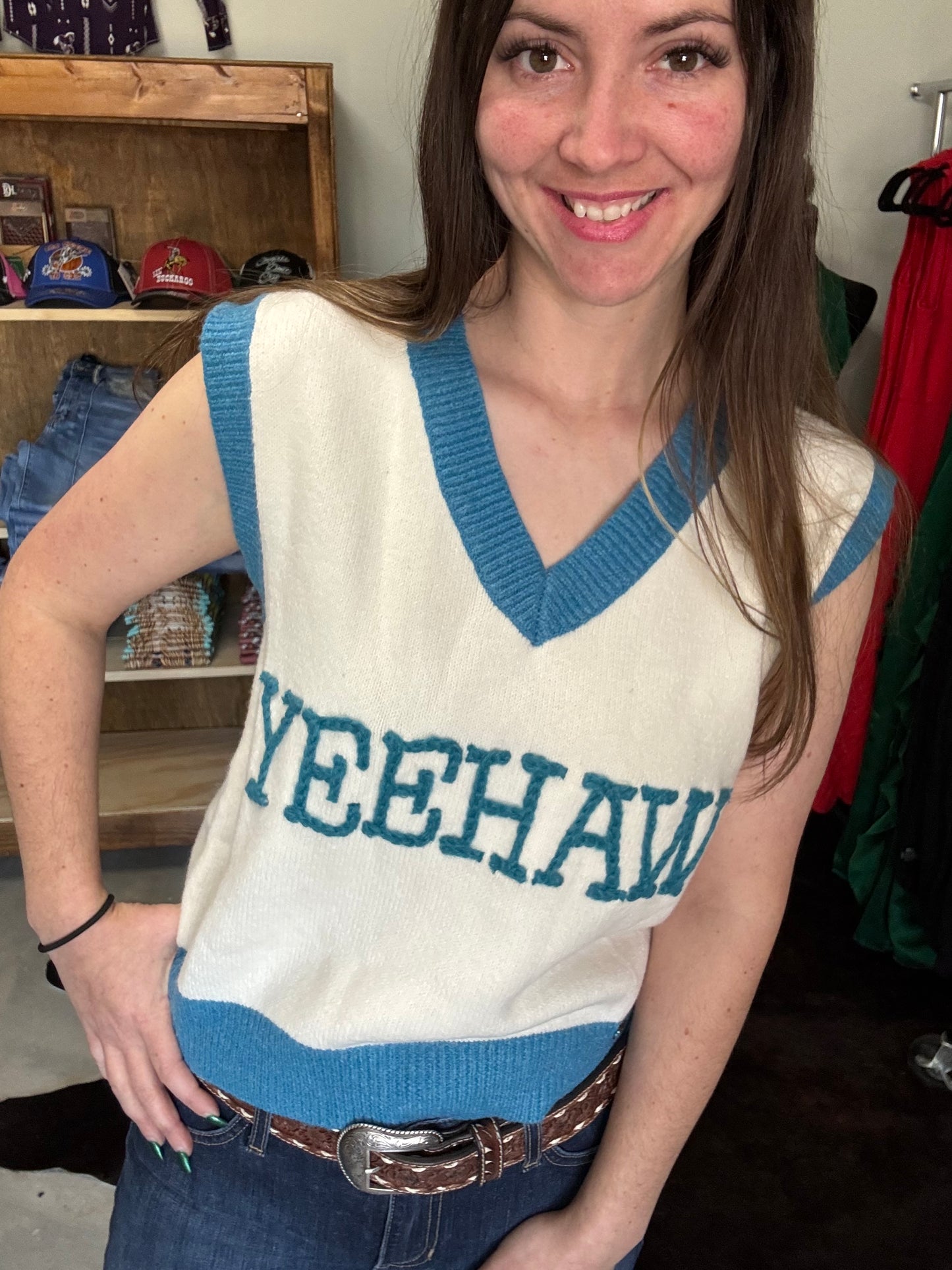 Ivory and Teal Yeehaw Knit Sleeveless Sweater Vest
