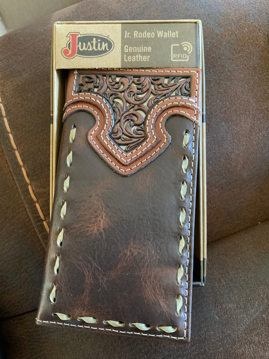 Justin Junior Rodeo Wallet with Tooled Yoke and Rawhide Buck Stitch