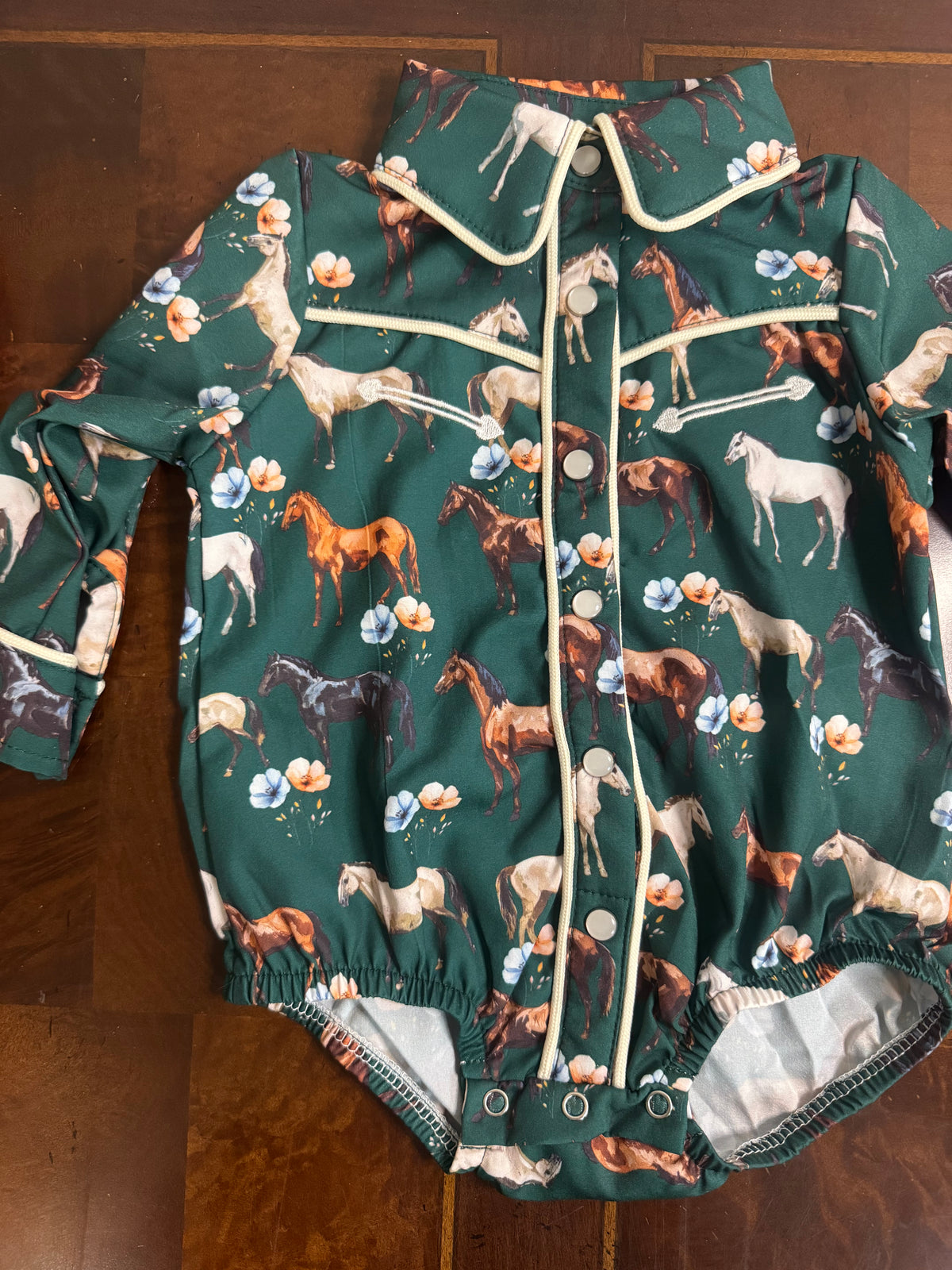 Children’s Green Floral Horse Longsleeve Shirt with Pearl Snaps