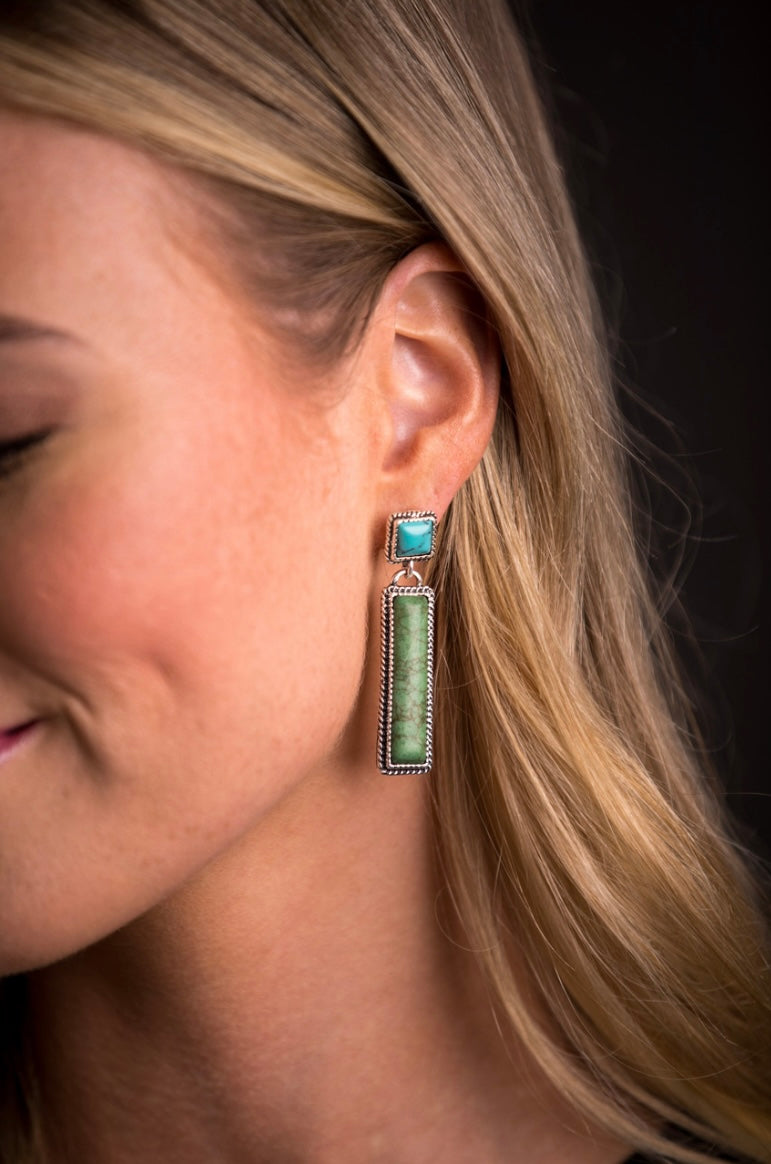 Green Bar Earring On Turquoise Square Post