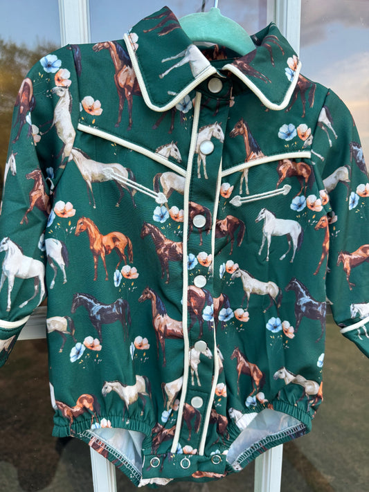 Children’s Green Floral Horse Longsleeve Shirt with Pearl Snaps