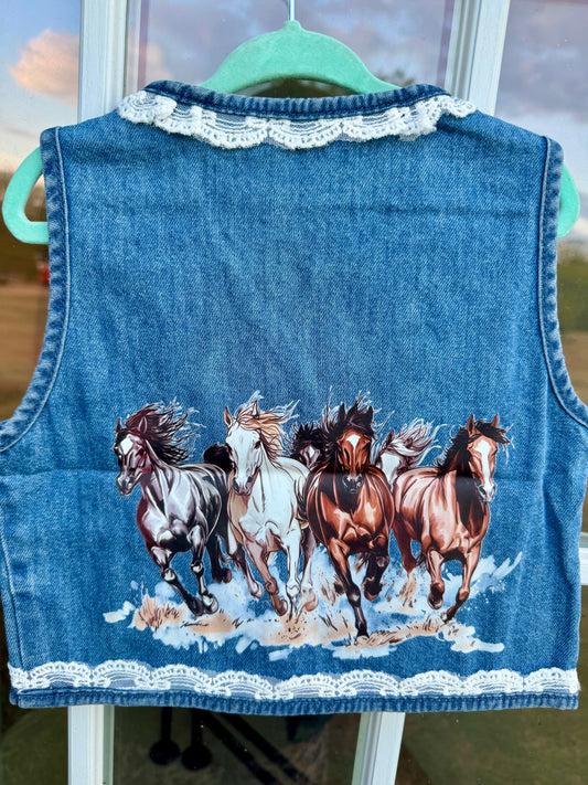 Children’s Denim Vest with Running Horses on the Back and Lace Details