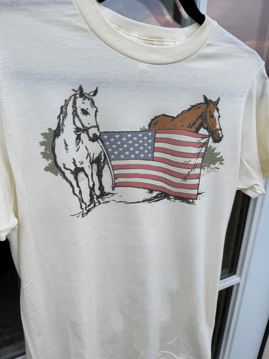 Horses Holding American Flag Adult Tshirt