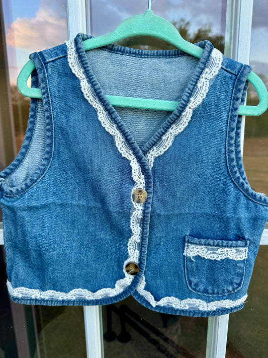 Children’s Denim Vest with Running Horses on the Back and Lace Details