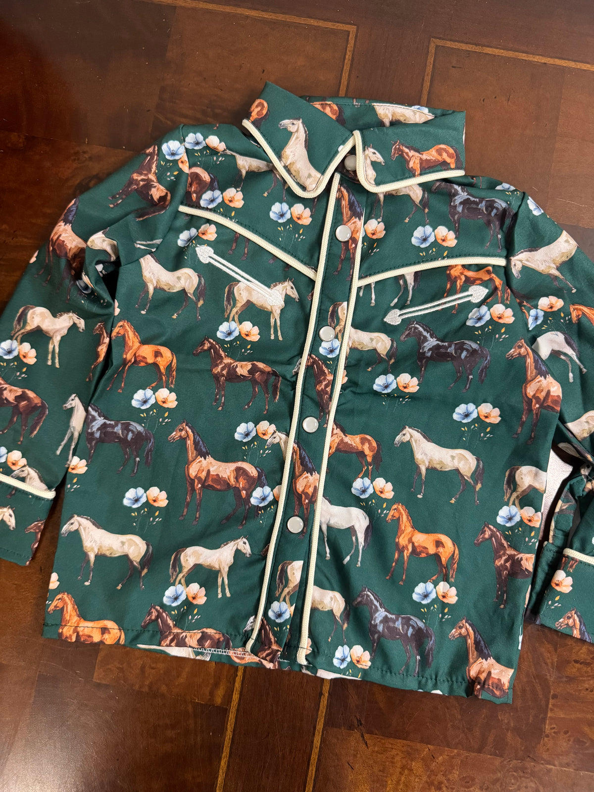 Children’s Green Floral Horse Longsleeve Shirt with Pearl Snaps