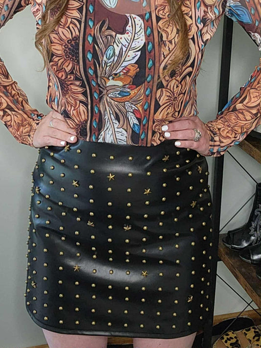 Star studded womens skirt black faux leather 