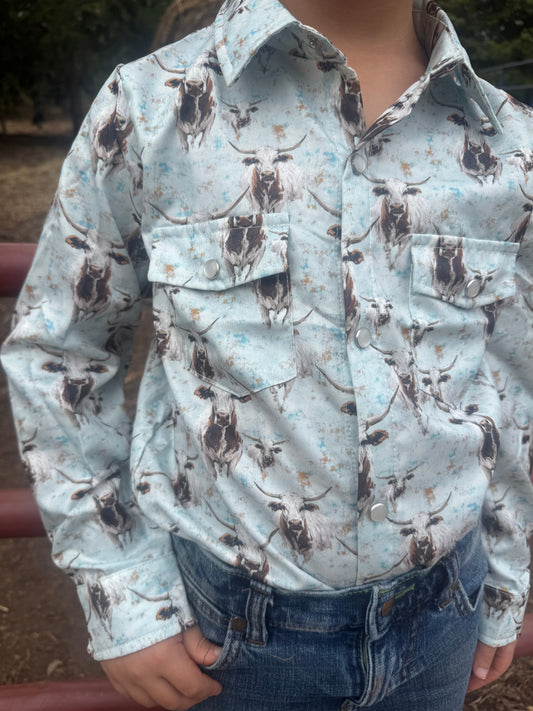 Children’s Longsleeve, Longhorn, Light Blue Pearl Snap Shirt
