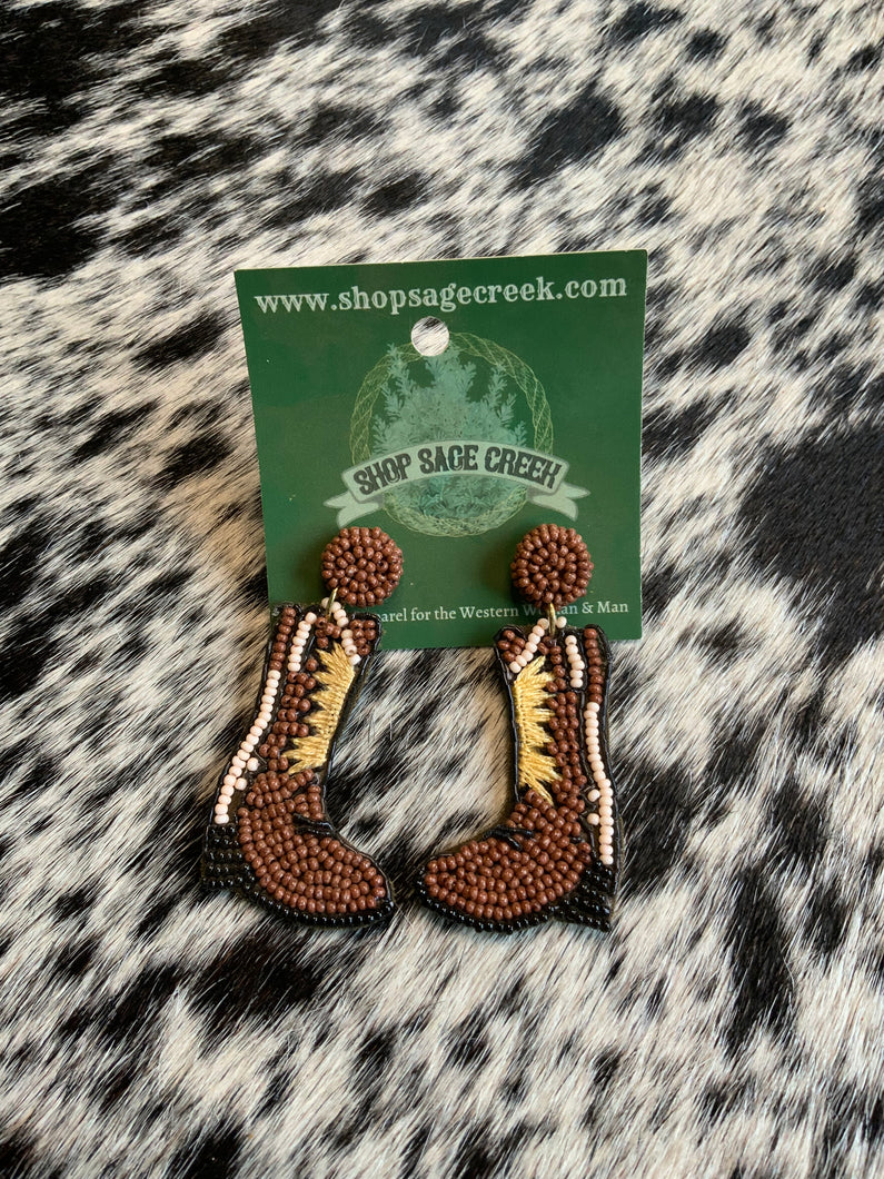 Brown Seed Bead Cowboy Boot Earrings