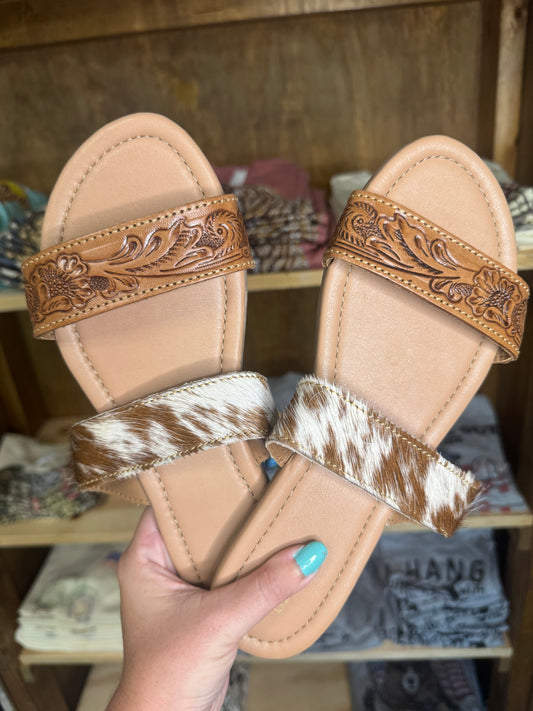 Lena Tooled Leather and Hide Slide Sandals