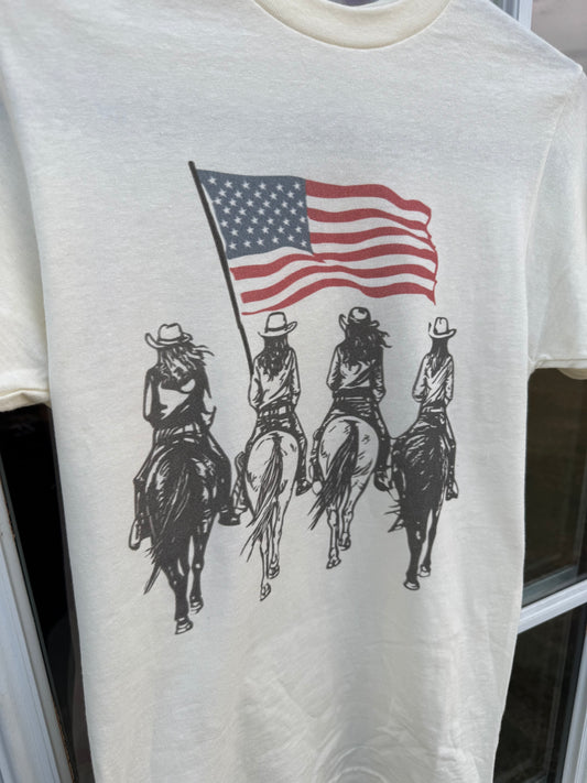 4 Cowgirls Riding With American Flag Tshirt