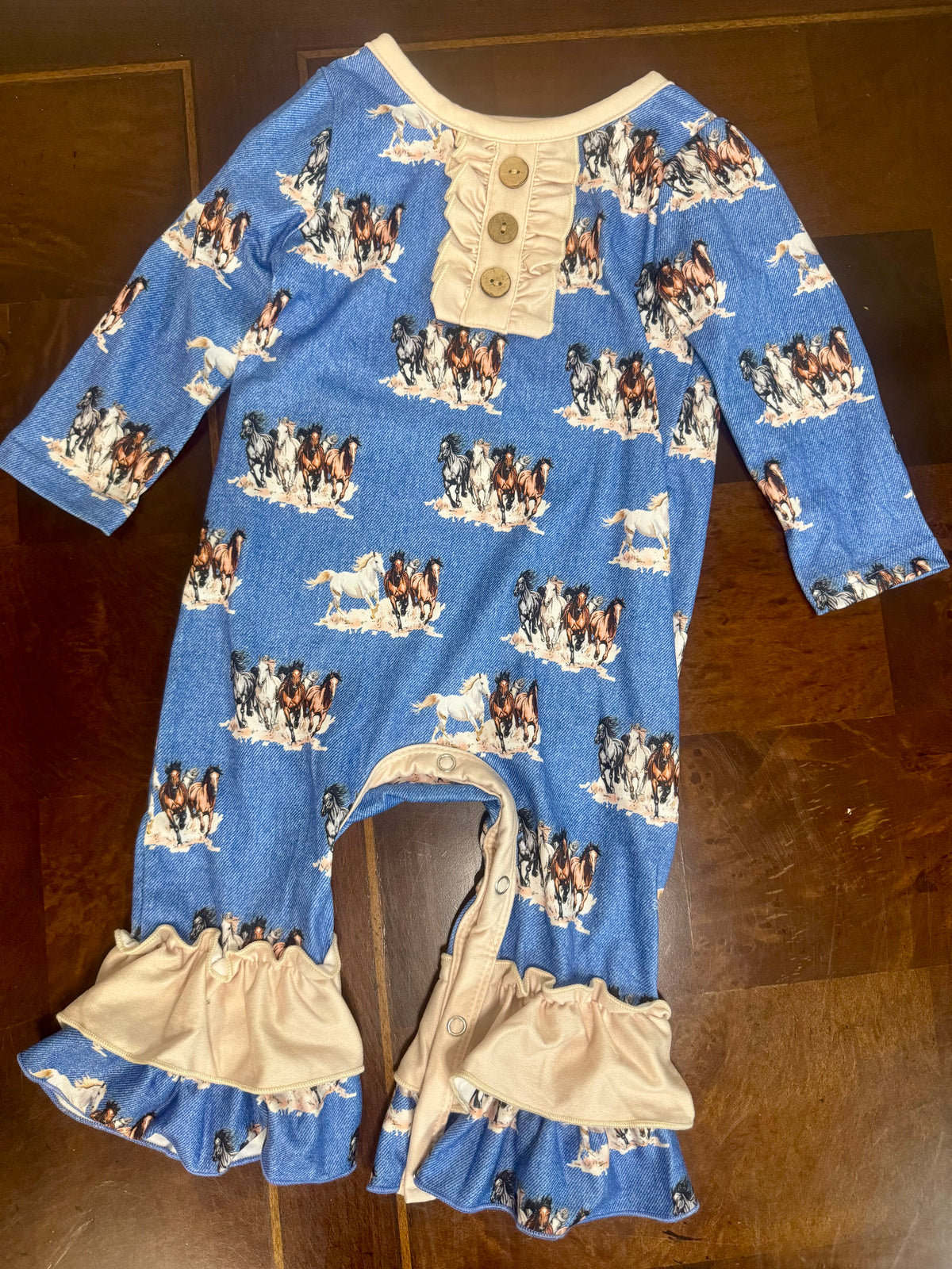 Children’s Longsleeve, Blue, Romper with Running Horses