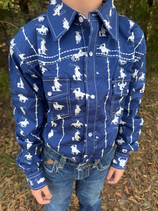 Navy Barbed Wire and Ropers Longsleeve Snap Up Shirt