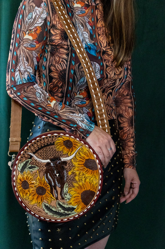 Leather circle purse with longhorn and sunflowers 