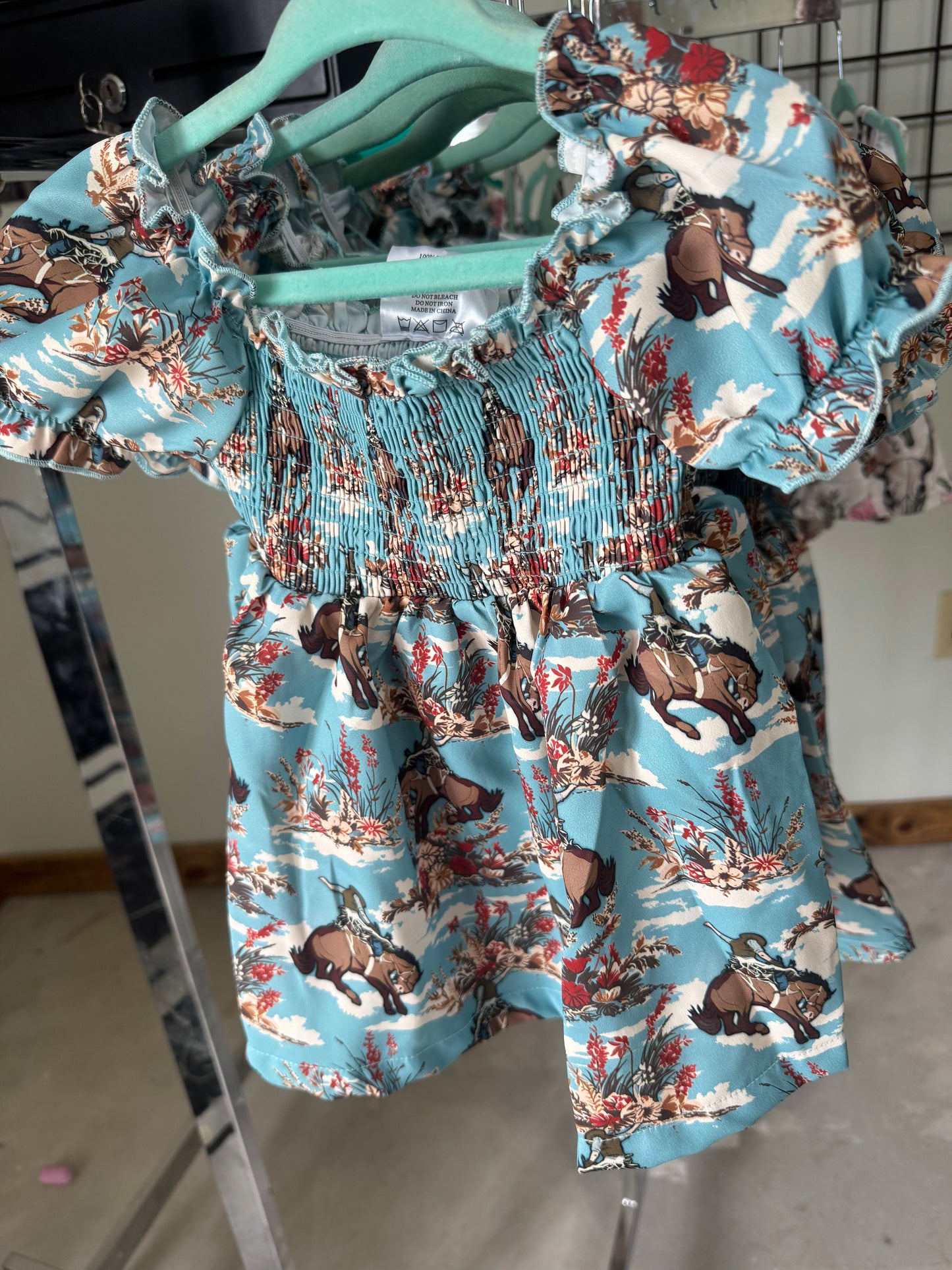 Girls Blue Dress with Bucking Horses and Flowers