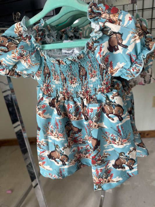 Girls Blue Dress with Bucking Horses and Flowers