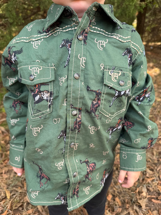Olive Green Vintage Bronco Longsleeve Snap Up Shirt