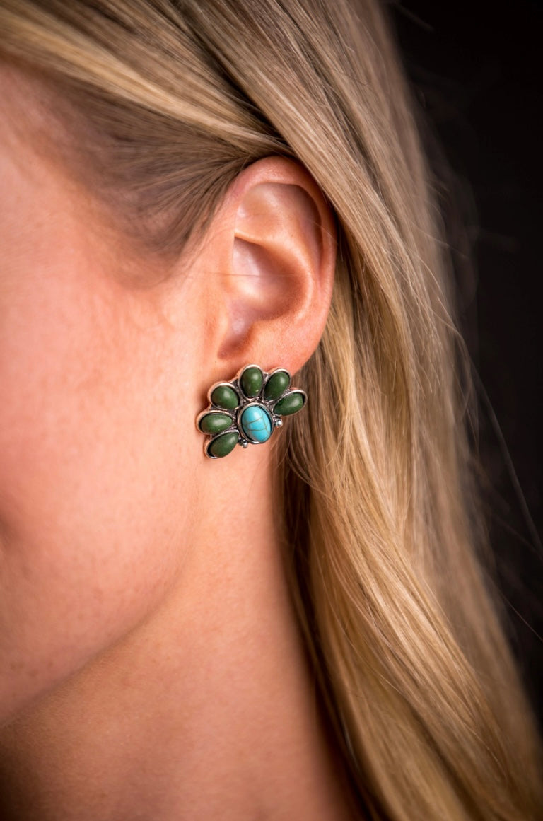 Turquoise and Green Half Flower Post Earring