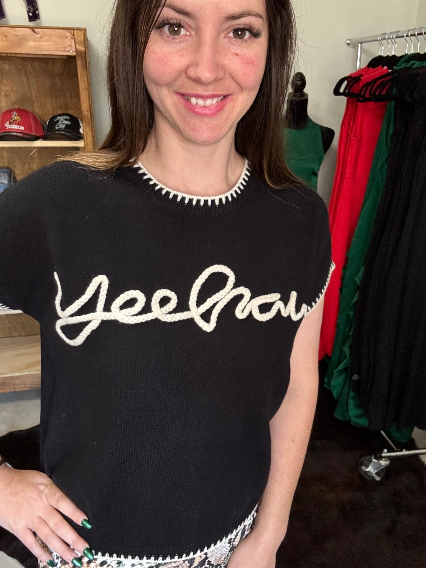 YEEHAW Soft Knit Black Sweater Shirt with White Trim