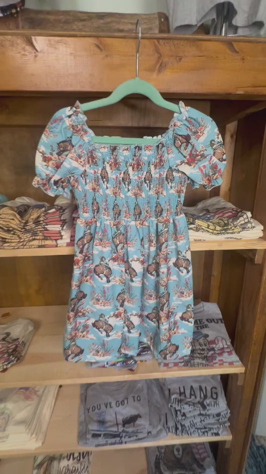 Girls Blue Dress with Bucking Horses and Flowers